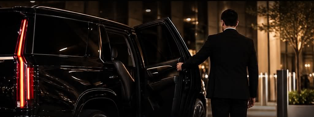 BlackX chauffeur opening the door of a black Cadillac Escalade at a downtown hotel