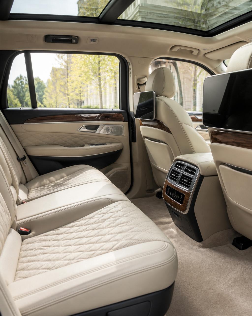 Bright daytime interior of a BlackX luxury SUV with cream leather seating